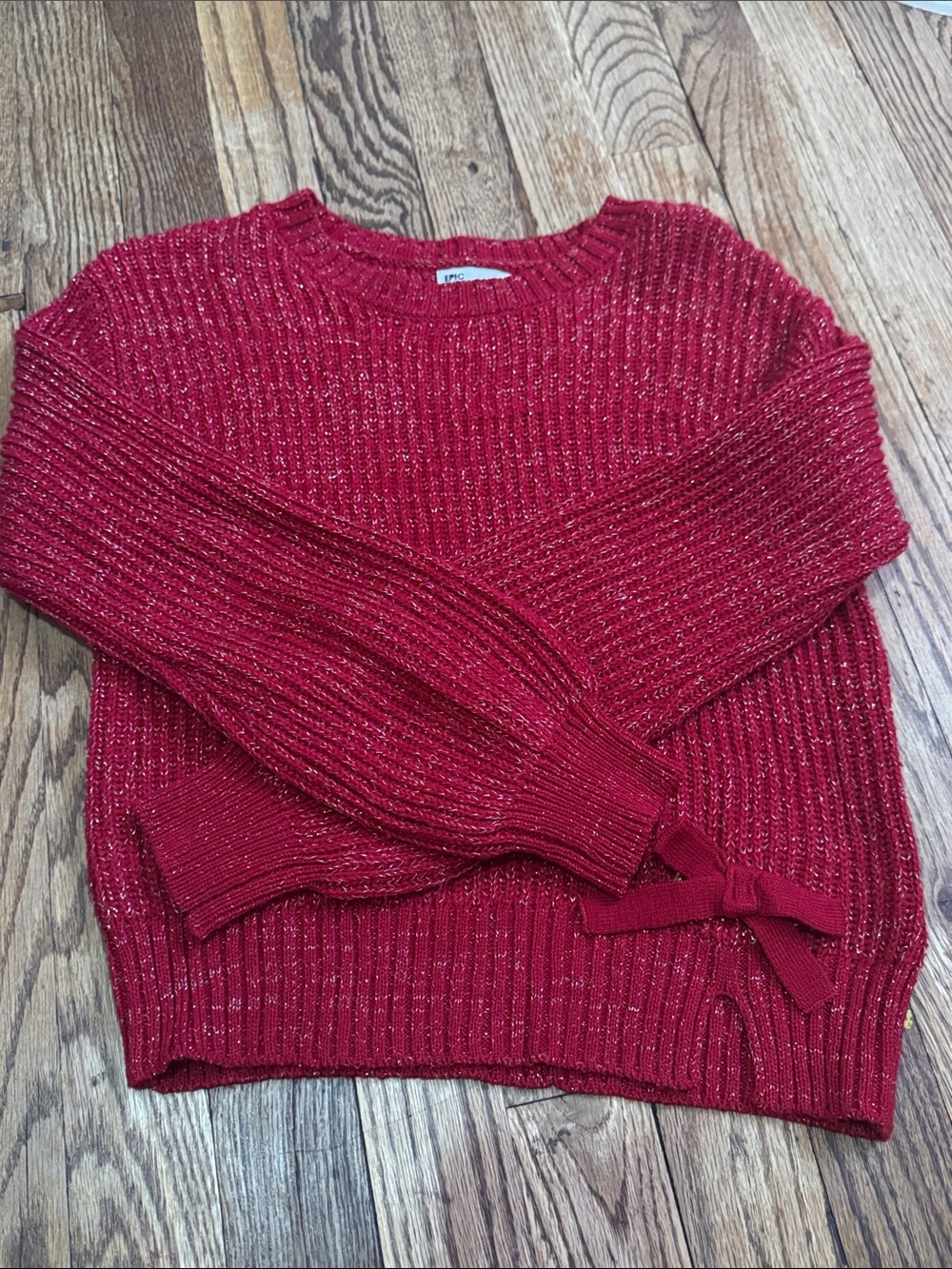 Epic Threads Red Metallic Ribbed Crewneck Sweater with Side Bow